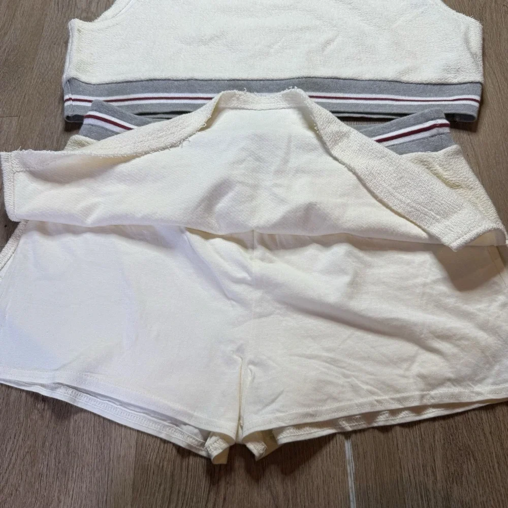 Free People FP Movement Match Point Set Ivory Varsity stripe XL top skort short